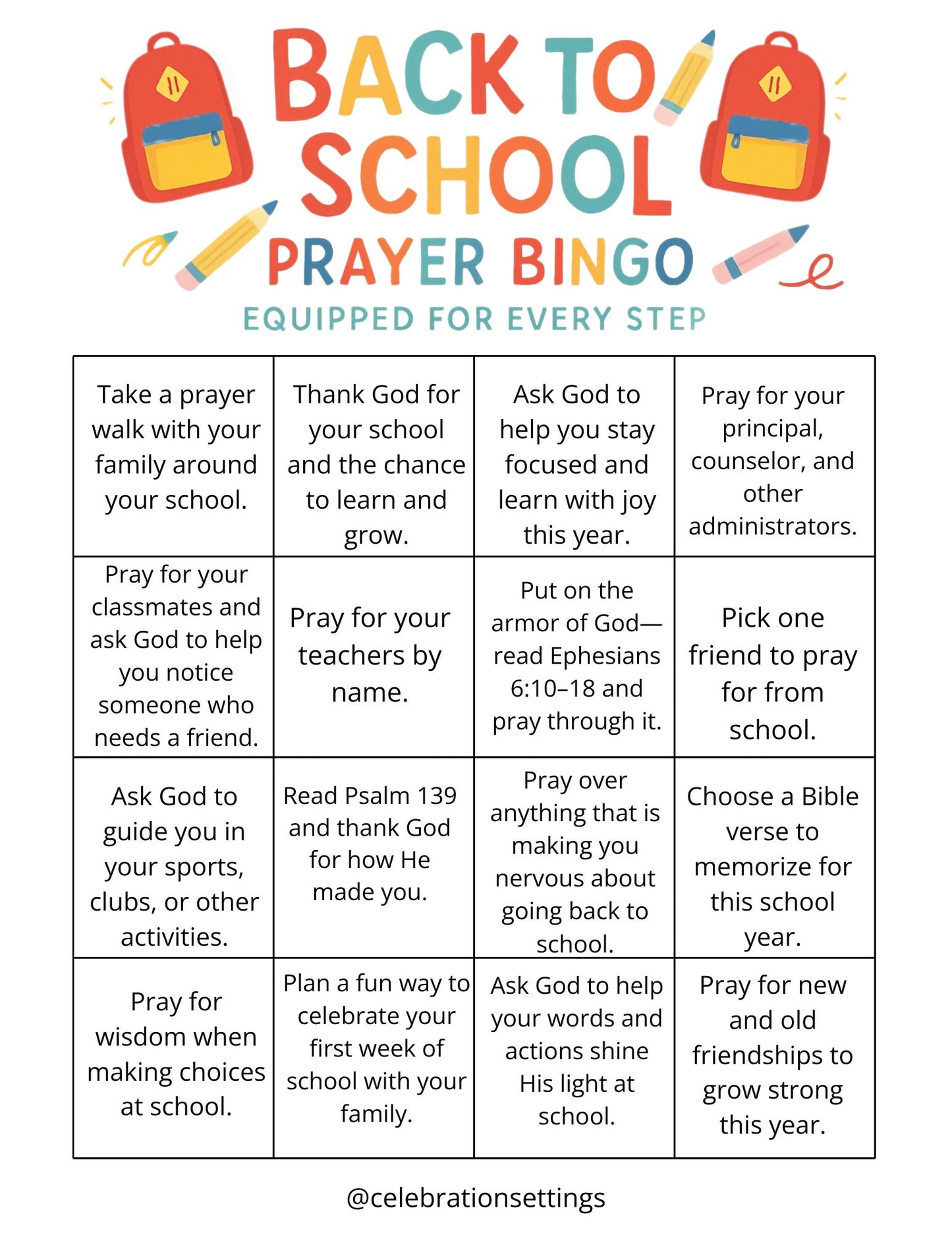 Back to School Prayer Bingo