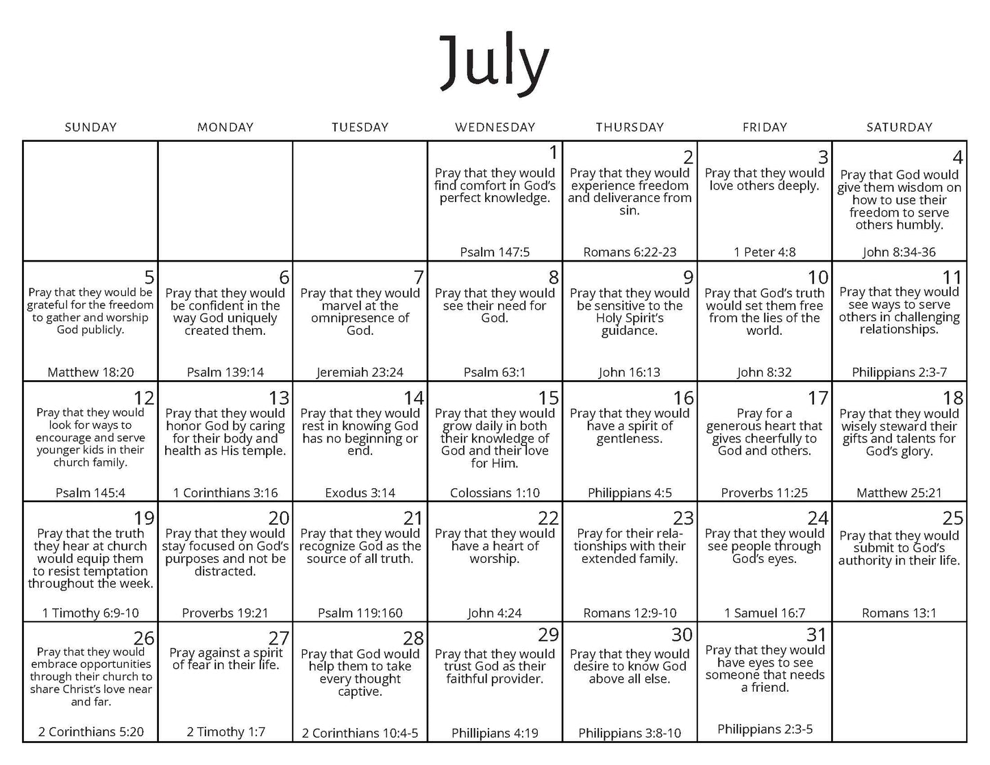July Prayer Calendar
