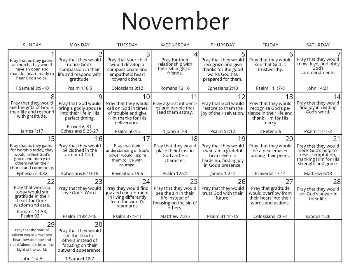 November 2026 Prayer Calendar