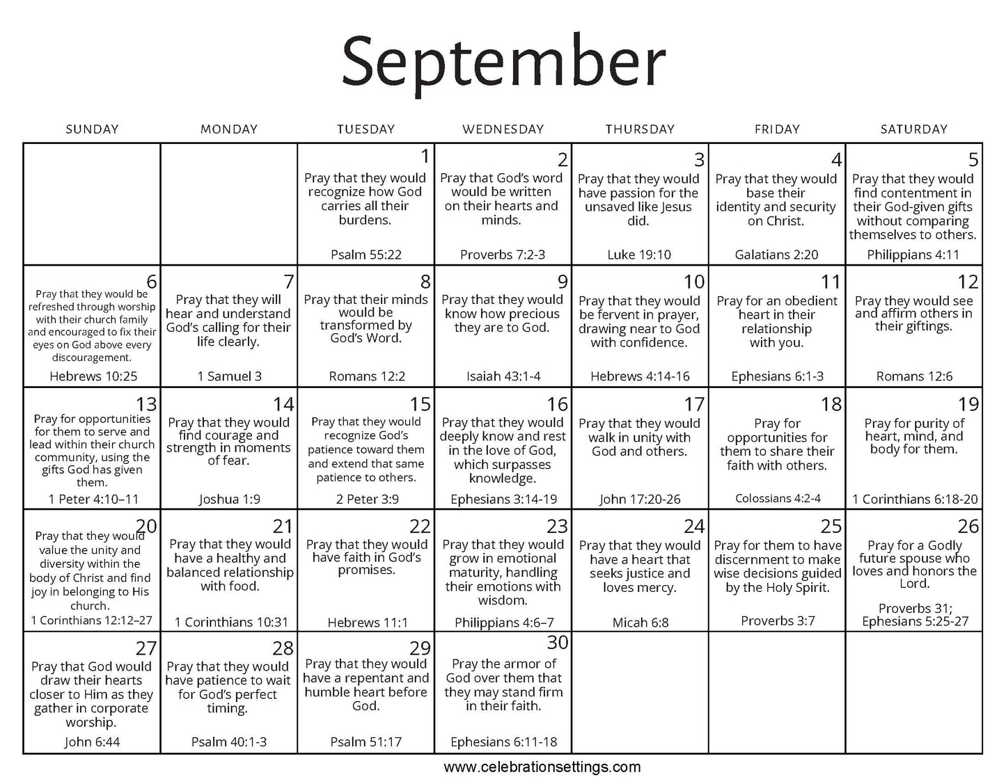 September Prayer Calendar