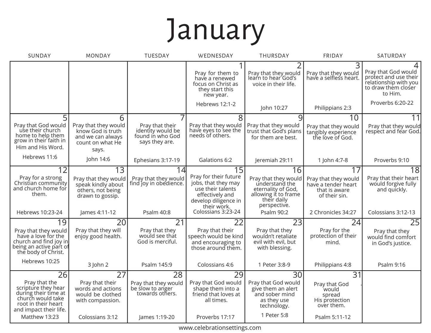 January 2025 Prayer Calendar Celebration Settings