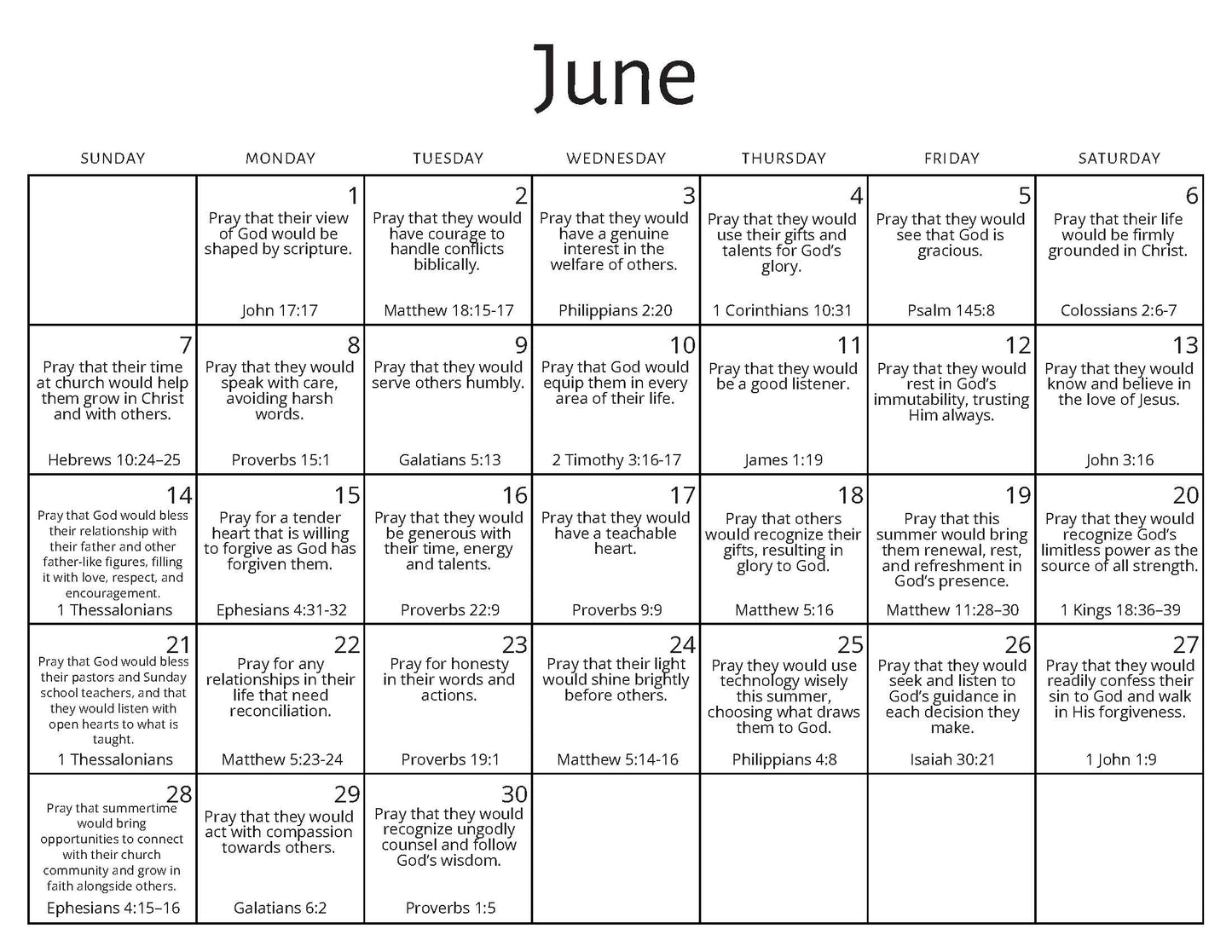 June Prayer Calendar