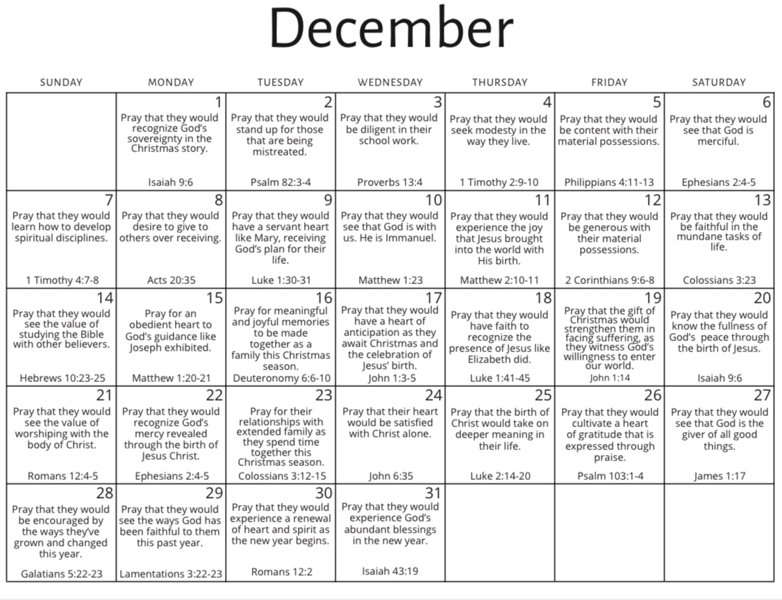 December 2025 Prayer Calendar