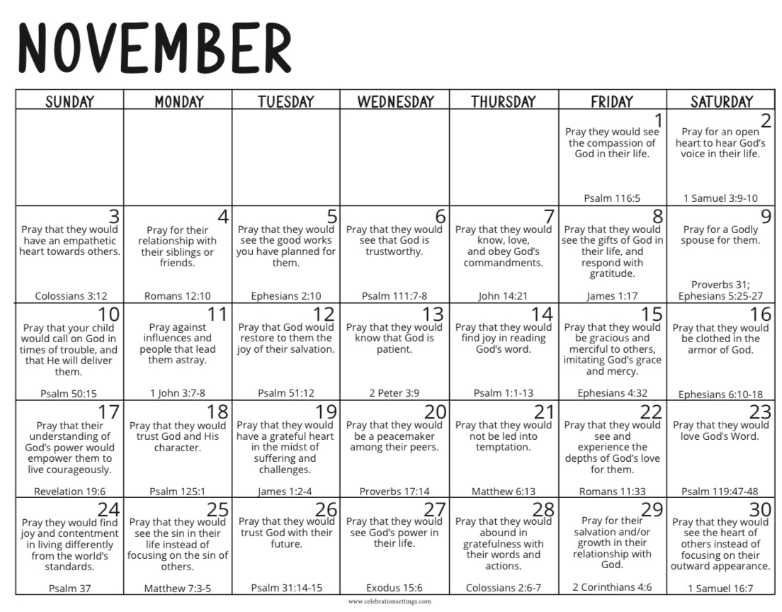 November Prayer Calendar