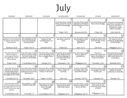 July Prayer Calendar