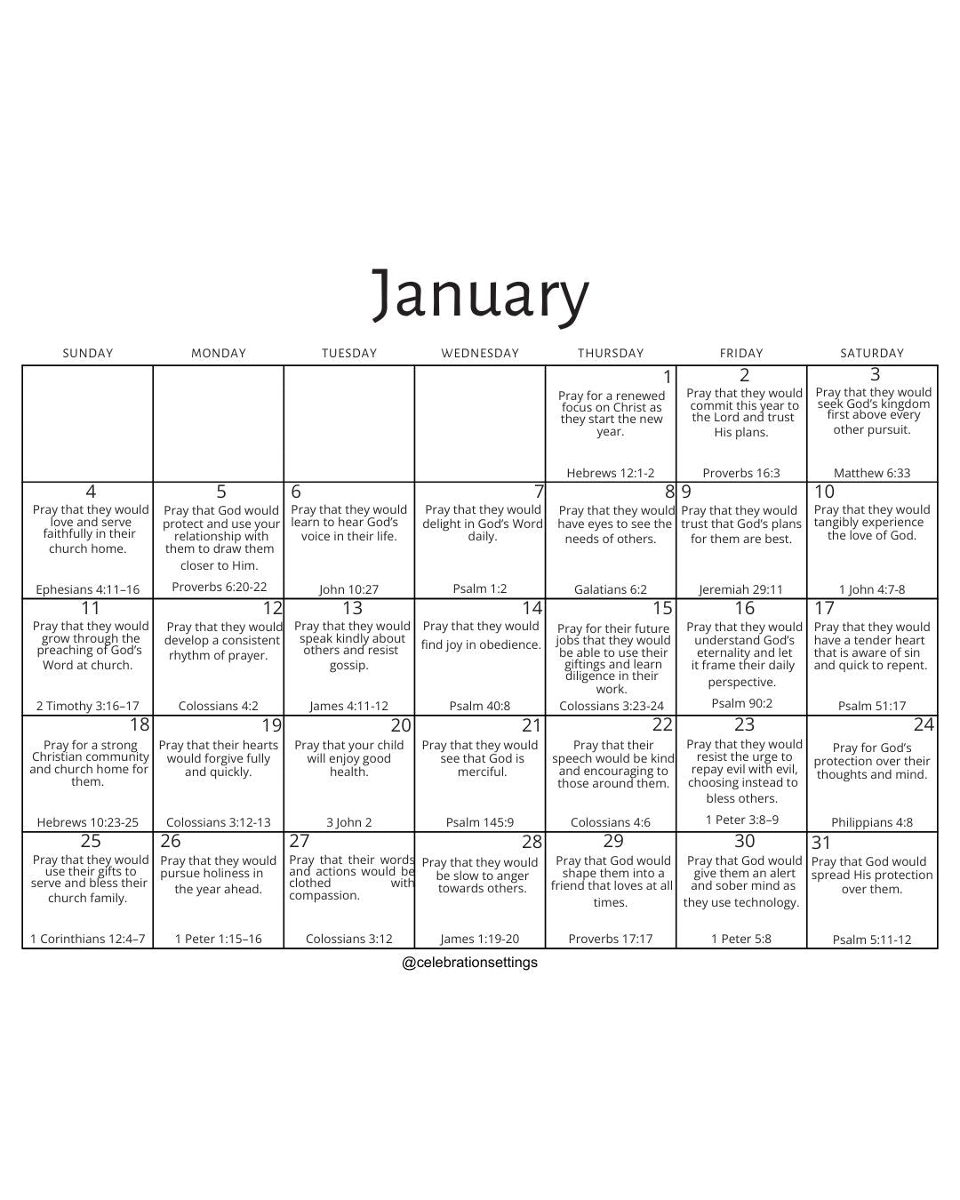 January Prayer Calendar