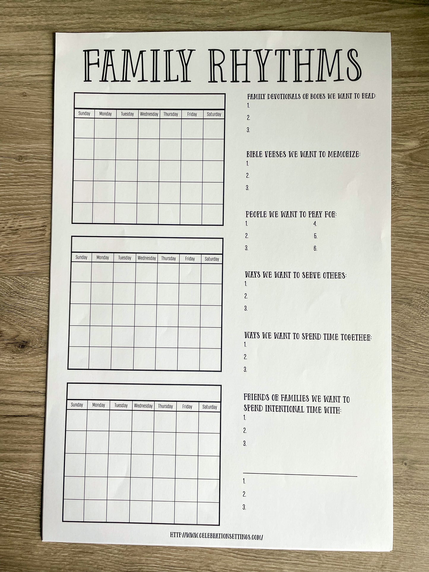 Family Rhythms Calendar Printed